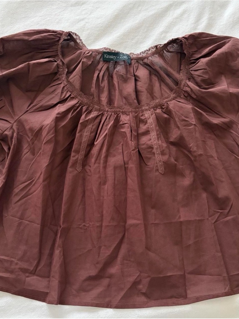 100% cotton lace trim puff sleeve brown blouse top